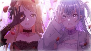 Rule 34 | 2girls, absurdres, black choker, black gloves, blue hair, blue nails, blush, brown eyes, choker, commentary request, earrings, gloves, highres, hojo karen, idolmaster, idolmaster cinderella girls, idolmaster cinderella girls starlight stage, idolmaster shiny colors, in-franchise crossover, jewelry, long hair, multiple girls, official art, open mouth, petals, rose petals, shirt, smile, suzuki hana, white shirt