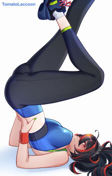 1girl artist_name black_hair black_pants blue_sports_bra breasts exercising hashtag-only_commentary highres large_breasts multicolored_hair pants red_eyes red_hair solo sports_bra streaked_hair tomatolaccoon two-tone_hair upside-down white_background yoga_pants zenless_zone_zero zhu_yuan