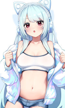 1girl :o animal_ear_headphones bare_shoulders black_trim blue_hair blue_shorts blush breasts camisole cat_ear_headphones cat_ears cleavage collarbone colored_eyelashes cowboy_shot denim denim_shorts hands_up headphones jacket large_breasts long_hair long_sleeves looking_ahead midriff nakata_(nkt_vvd) navel open_clothes open_jacket open_mouth original puffy_long_sleeves puffy_sleeves red_eyes removing_jacket short_shorts shorts simple_background solo swept_bangs thigh_gap unzipped very_long_hair white_background white_camisole white_jacket