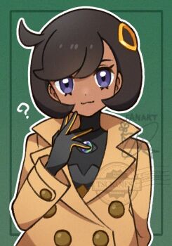 1girl ? black_bodysuit black_hair bodysuit brown_jacket closed_mouth emma_(pokemon) green_background hair_ornament jacket long_sleeves looking_at_viewer nintendo pokemon pokemon_legends:_z-a purple_eyes short_hair solo tsubamesu727 upper_body