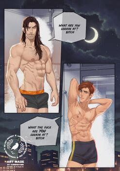 2boys abs artist_name bara beard_stubble boxer_briefs brown_eyes brown_hair bulge chest_hair commentary crescent_moon dispatch english_commentary erection erection_under_clothes facial_hair flambae_(dispatch) highres i_am_birdy long_hair male_focus male_underwear mismatched_eyebrows missing_tooth moon multiple_boys multiple_scars navel navel_hair night night_sky nipples pectorals robert_robertson scar short_hair sky speech_bubble stubble toned toned_male underwear yaoi