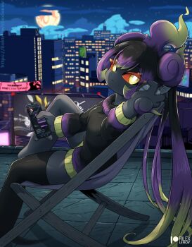 1girl adjusting_headphones alternate_color artist_name backlighting black_dress black_hair black_skin black_thighhighs blonde_hair blue_sky breasts bright_pupils cellphone chair cityscape closed_mouth cloud colored_sclera colored_skin commission dress expressionless female_focus folding_chair from_side full_moon gen_7_pokemon gradient_background hand_up headphones holding holding_phone knee_up legendary_pokemon long_hair looking_at_viewer marshadow moon multicolored_hair mythical_pokemon night nintendo on_chair orange_sclera outdoors patreon_logo patreon_username phone pokemon pokemon_(creature) purple_hair rilex_lenov rooftop shiny_pokemon short_dress sidelocks single_thighhigh sitting sky small_breasts smartphone solo thighhighs watermark web_address white_pupils yellow_eyes