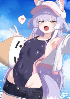 1girl absurdres animal_ears armpits bare_shoulders baseball_cap black_one-piece_swimsuit black_shorts blue_eyes breasts commentary_request competition_swimsuit covered_navel cowboy_shot cutoffs denim denim_shorts ears_through_headwear fang fox_ears fox_girl fox_tail hat heart heterochromia highleg highleg_one-piece_swimsuit highres jacket korean_commentary long_hair looking_at_viewer oldsickkim one-piece_swimsuit open_clothes open_jacket open_mouth purple_hair short_shorts shorts small_breasts smile solo stellive swimsuit tail tenko_shibuki v very_long_hair virtual_youtuber wet white_hat white_jacket yellow_eyes