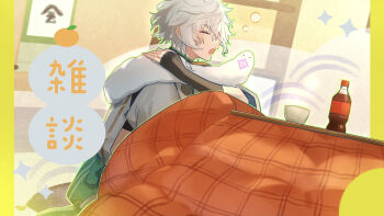 1boy absurdres black_gloves border bottle closed_eyes commentary_request cowboy_shot cup elbow_gloves fingerless_gloves food fruit gloves green_shorts highres indoors japanese_clothes kariginu kotatsu male_focus mandarin_orange matochi_(fa) murakumo_kagetsu murakumo_kagetsu_(1st_costume) nijisanji outline pillarboxed shelf shorts soda_bottle solo squeans table translation_request virtual_youtuber watakumo_(murakumo_kagetsu) yawning yellow_border