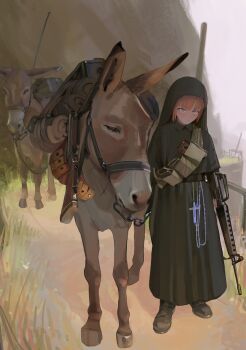 Rule 34 | 1girl, absurdres, ammunition pouch, assault rifle, black boots, blue eyes, blunt bangs, boots, bridle, camera, closed mouth, commentary, commission, dirt road, donkey, dress, english commentary, full body, glaring, grass, grenade launcher, grey sky, gun, highres, holding, holding gun, holding weapon, long dress, m16, m79, military, mountain, nun, nun headdress, original, outdoors, pack animal, painterly, polilla, polivia, pouch, red hair, rifle, road, rosary, short hair, sky, standing, weapon