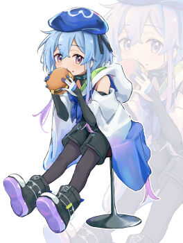 1boy absurdres arknights beret black_pantyhose black_shoes black_shorts black_sleeves blue_hair blue_hat burger commentary detached_sleeves food food_on_face gradient_hair hat highres holding holding_burger holding_food infection_monitor_(arknights) looking_at_viewer male_focus mizuki_(arknights) multicolored_hair pantyhose pantyhose_under_shorts poncho purple_eyes riu_kawano shoes shorts simple_background sitting solo stool white_background zoom_layer