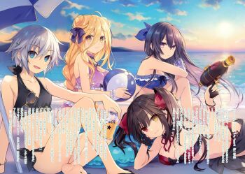 4girls :d arm_support ball bare_arms bare_legs bare_shoulders beachball bikini black_bikini black_hair black_sandals black_wrist_cuffs blonde_hair blue_bikini blue_eyes blue_ribbon bow breasts can cleavage clock_eyes closed_mouth cloud cloudy_sky collarbone date_a_live double_bun floral_print floral_print_bikini frilled_bikini frilled_wrist_cuffs frills grey_hair groin hair_between_eyes hair_bow hair_bun hair_ribbon head_rest heterochromia holding holding_ball holding_beachball holding_can holding_water_gun honjou_nia hoshimiya_mukuro knee_up large_breasts legs long_hair looking_at_viewer lying medium_breasts mountainous_horizon multiple_girls navel neck_ribbon novel_illustration ocean official_art on_side open_mouth outdoors print_bikini purple_bikini purple_bow purple_eyes purple_hair red_bikini red_eyes red_ribbon ribbon sandals short_hair side-tie_bikini_bottom single_bracelet single_wrist_cuff sitting sky smile sun swimsuit symbol-shaped_pupils thighs tokisaki_kurumi translation_request tsunako twintails water water_gun white_wrist_cuffs wrist_cuffs yatogami_tohka yellow_eyes
