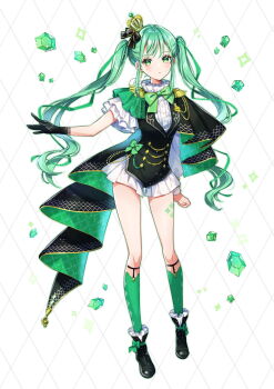 Rule 34 | 1girl, argyle background, black dress, black gloves, black shoes, blush, bow, bowtie, closed mouth, commentary, crown, dress, frilled dress, frilled sleeves, frills, full body, gloves, green bow, green bowtie, green eyes, green hair, green socks, hand up, highres, idol, idol clothes, kneehighs, legwear garter, long hair, looking at viewer, original, shinishi chiho, shoes, short sleeves, single glove, socks, solo, standing, twintails, white background