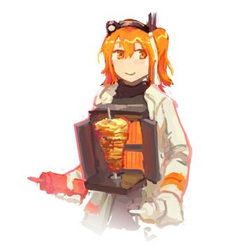 Rule 34 | 1girl, a.i. voice, adachi rei, android, black shirt, blush, bottle, coat, doner kebab, gloves, hair ribbon, hairband, holding, holding bottle, long sleeves, looking at viewer, medium hair, meme, no nose, one side up, open clothes, open coat, orange eyes, orange hair, ribbon, shawarmachine (meme), shirt, simple background, smile, solo, standing, sui (landakkukus), upper body, utau, vertical rotisserie, white background, white coat, white gloves
