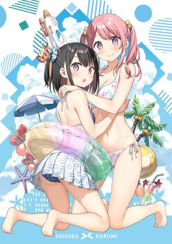 2girls :o abstract_background age_difference ball beachball bikini black_hair cloud cocktail coconut coconut_tree feet floral_print floral_print_bikini floral_print_skirt flower full_body hair_bobbles hair_ornament hair_scrunchie hibiscus highres holding holding_water_gun house hug kantoku kneeling kurumi_(kantoku) looking_at_viewer multiple_girls one_side_up onee-loli original palm_tree parasol pink_eyes pink_hair pinup_(style) pleated_skirt polka_dot polka_dot_bikini print_bikini print_skirt scrunchie shizuku_(kantoku) skirt smile soles starfish swimsuit tree twintails umbrella water_gun