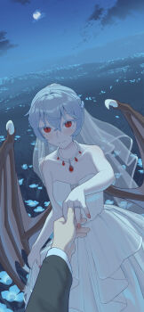 1boy 1girl absurdres alternate_hairstyle backlighting bare_shoulders bat_wings blue_flower blue_hair blue_sky blush braid breasts bridal_veil bride brown_wings chinese_commentary cloud collarbone colored_eyelashes commentary_request couple crossed_bangs diamond_(gemstone) diamond_ring double-parted_bangs dress field fingernails flower flower_field full_moon gem grass grin hair_up half_up_braid hand_up hetero highres holding_hands husband_and_wife jewelry layered_dress long_dress long_sleeves looking_at_viewer moon moonlight nail_polish necklace night night_sky ornate_ring outdoors outstretched_arm pale_skin parted_lips pearl_necklace pendant pink_nails pov pov_hands reaching reaching_towards_viewer red_eyes red_gemstone remilia_scarlet ring see-through_clothes see-through_veil skirt_hold sky slit_pupils small_breasts smile solo_focus strapless strapless_dress touhou updo veil viewer_self-insert wedding_dress wedding_ring white_dress wings youpofen