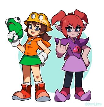 2girls :d \n/ bandaid bandaid_on_face beebz_(demon_turf) blue_eyes brown_hair closed_mouth cornflowerblue demon_turf freckles frogun_(series) full_body gloves gun hand_on_own_hip hat highres holding holding_gun holding_weapon multiple_girls open_mouth pointy_ears pointy_shoes purple_shoes red_hair red_shoes renata_hopps shoes short_twintails smile standing twintails weapon white_gloves yellow_hat