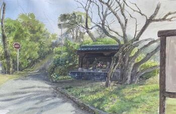 bare_tree bush day flower grass highres hkwryyy_pepe no_humans original painting_(medium) path pink_flower plant road road_sign scenery shadow sign sunlight traditional_media tree