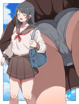1girl ^_^ arm_at_side ass bag blue_bag blue_sky blush brown_sailor_collar brown_shirt brown_skirt closed_eyes cloud commentary crop_top cropped_shirt crotch_seam feet_out_of_frame grey_hair grey_panties highres long_sleeves midriff miniskirt mtu_virus multiple_views navel neckerchief open_mouth original panties parted_bangs pleated_skirt red_neckerchief sailor_collar school_bag school_uniform serafuku shirt short_hair shoulder_bag skirt sky soyo1558686 standing straight_hair underwear upskirt