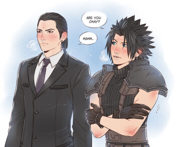 2boys armor black_hair black_jacket black_sweater blue_eyes blush closed_mouth cold commentary crisis_core:_final_fantasy_vii crylin6 earrings english_commentary english_text final_fantasy final_fantasy_vii gloves gradient_background hair_slicked_back jacket jewelry looking_at_another male_focus motion_lines multiple_boys necktie open_mouth parted_bangs purple_necktie ribbed_sweater shirt shoulder_armor sleeveless sleeveless_turtleneck speech_bubble spiked_hair stud_earrings suit_jacket suspenders sweater tseng turks_(ff7) turtleneck turtleneck_sweater upper_body white_shirt wing_collar zack_fair