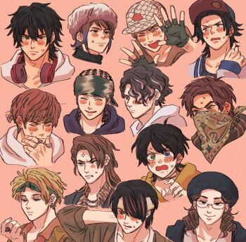 6+boys :&gt; ^_^ adam&#039;s_apple ahoge akune_rindo anger_vein animal_print arima_seigen asymmetrical_bangs averting_eyes bandana bandana_over_mouth baseball_cap black_eyes black_hair black_jacket blank_stare blonde_hair blue_eyes blush blush_stickers brown_eyes brown_hair brown_hoodie brown_jacket buster_bros!!! chain chain_necklace check_clothing choppy_bangs clenched_teeth closed_eyes clothing_request collarbone collared_shirt cornrows covered_mouth cropped_shoulders curtained_hair desperado-004 douan_kazusato ear_blush earrings embarrassed expressionless film_grain fingerless_gloves fingernails flustered fur_hat furrowed_brow gloves gradient_hair green_bandana green_eyes hair_between_eyes hair_over_one_eye hand_on_own_chin hand_on_own_neck hands_up hat headphones headphones_around_neck heterochromia highres hood hoodie hoop_earrings hoozuki_jinpachi hypnosis_mic hypnosis_mic:_rule_the_stage jacket jewelry jikuuin_joubu jitome kokuri_ryouzan komagata_masamune layered_shirt letterman_jacket light_frown looking_at_viewer male_focus medium_hair mole mole_under_eye mole_under_mouth multicolored_hair multiple_boys multiple_moles multiple_rings necklace north_bastard onigawara_bombers open_hand open_mouth parted_bangs partially_unbuttoned peanut_mouth pink_background portrait purple_hoodie raised_eyebrows raised_inner_eyebrows red_eyes ring sanagi_kenei senzankou25 shirt short_hair shy sideburns single_blush_sticker smile spread_fingers streaked_hair stud_earrings sweat sweatdrop swept_bangs tareme teeth thick_eyebrows three-quarter_sleeves thumb_ring tiger_print tsurime turtleneck u_u undercut v-shaped_eyebrows wavy_hair white_hoodie yagasaki_ibuki yamada_ichiro yamada_jiro yamada_saburo yellow_eyes yellow_hoodie yellow_jacket yougou_doushirou