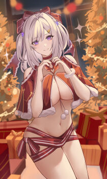 1girl absurdres bell between_breasts box breasts capelet choker christmas christmas_lights christmas_ornaments christmas_present christmas_tree cleavage closed_mouth clothing_cutout commentary english_commentary fur-trimmed_capelet fur_trim gift gift_box hair_bell hair_intakes hair_ornament hair_ribbon hands_up heart heart_cutout heart_hands highres indoors kinokoneko large_breasts long_hair looking_at_viewer mole mole_on_breast mole_on_thigh mole_under_eye navel night original pom_pom_(clothes) purple_eyes red_capelet red_choker red_ribbon ribbon santa_costume shoulder_cutout smile solo sparkle standing stomach two_side_up underboob white_hair white_trim window