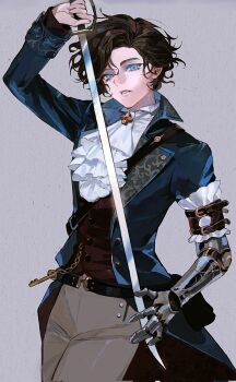 1boy artist_request ascot blue_coat blue_eyes brown_hair brown_pants coat commission corrupted_twitter_file grey_background hashtag-only_commentary highres holding holding_sword holding_weapon lies_of_p looking_at_viewer male_focus mechanical_arms pants pinocchio_(lies_of_p) prosthesis prosthetic_arm second-party_source short_hair single_mechanical_arm solo standing sword weapon white_ascot