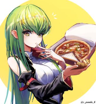 1girl absurdres breasts c.c. c.c._day closed_mouth code_geass commentary_request detached_sleeves food green_hair highres holding holding_food holding_pizza large_breasts long_hair looking_at_viewer notice_lines pizza pizza_box pizza_slice s_panda_k simple_background sketch sleeveless sleeveless_turtleneck solo turtleneck twitter_username upper_body v-bangs wide_sleeves yellow_background yellow_eyes
