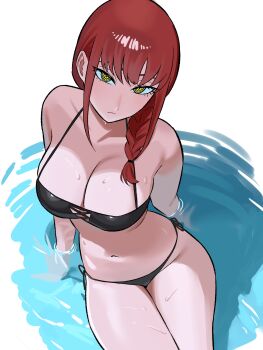 Rule 34 | 1girl, absurdres, bikini, black bikini, braid, braided ponytail, breasts, chainsaw man, cleavage, closed mouth, collarbone, hair over shoulder, highres, large breasts, long hair, looking at viewer, makima (chainsaw man), navel, red hair, ringed eyes, simple background, sitting, solo, stomach, swimsuit, wet, white background, yellow eyes, zeon (zzeeonn)