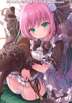 1girl ass black_boots black_bow black_shirt boots bow breasts brooch brown_thighhighs center_frills closed_mouth day dress duster frilled_thighhighs frills garter_straps green_eyes hair_bow holding holding_duster indoors jewelry knees_up long_hair maid maid_headdress matokechi melonbooks official_art original panties pink_hair puffy_short_sleeves puffy_sleeves shirt short_sleeves sitting small_breasts solo sunlight thighhighs thighhighs_under_boots underwear very_long_hair white_dress white_panties window