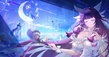 alternate_costume bird black_hair bow chibi chinese_commentary choker closed_eyes columbina_(genshin_impact) commentary_request detached_sleeves dress genshin_impact hand_up highres manyu_chapaofan multicolored_hair multiple_views parted_lips puffy_short_sleeves puffy_sleeves purple_hair sandrone_(genshin_impact) short_sleeves streaked_hair tears upper_body white_bow white_choker white_dress