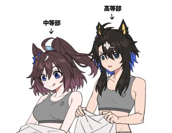 Rule 34 | ahoge, animal ear piercing, animal ears, bare shoulders, black hair, blue bow, blue eyes, blue hair, bow, breast envy, brown hair, carrot print, collarbone, commentary request, deep impact (racehorse), ear bow, empty eyes, food print, fukuro (maruaru00), genderswap, genderswap (mtf), grey sports bra, hair between eyes, hair bow, half updo, heart's cry (racehorse), highres, holding, holding shirt, holding unworn clothes, horse ears, horse girl, long hair, multicolored hair, original, personification, shirt, short hair with long locks, simple background, sketch, sports bra, tongue, tongue out, two-tone hair, umamusume, unworn shirt, upper body, v-shaped eyebrows, white background, white hair