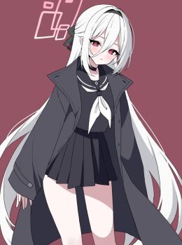 1girl alternate_costume black_coat black_sailor_collar black_serafuku black_skirt blue_archive coat commentary_request cosplay hair_between_eyes halo hayami_kaname kei_(blue_archive) kei_(new_body)_(blue_archive) long_hair long_hair_between_eyes long_sleeves neckerchief pink_eyes pink_halo plana_(blue_archive) plana_(blue_archive)_(cosplay) pleated_skirt rectangular_halo red_background ringed_eyes sailor_collar school_uniform serafuku simple_background skirt solo very_long_hair white_hair white_neckerchief