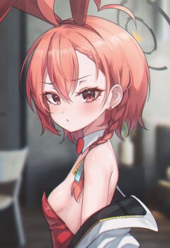1girl ahoge animal_ears bare_shoulders blue_archive blurry blurry_background blush braid closed_mouth depth_of_field detached_collar fake_animal_ears from_side hairband highres idolmaster kumarang leotard long_hair looking_at_viewer looking_to_the_side mole mole_under_eye neru_(blue_archive) neru_(bunny)_(blue_archive) off_shoulder open_clothes pink_hair playboy_bunny rabbit_ears red_eyes red_hairband red_leotard short_hair side_braid solo strapless strapless_leotard upper_body v-shaped_eyebrows