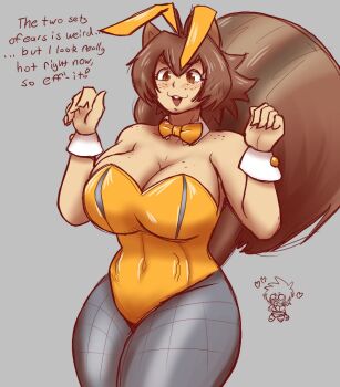2girls animal_ears bare_shoulders blazblue bow bowtie breasts brown_eyes brown_hair bullet_(blazblue) chibi grey_background heart huge_breasts leotard makoto_nanaya multiple_girls playboy_bunny rabbit_ears redrat24 sleeveless squirrel_ears squirrel_girl squirrel_tail tail teeth upper_teeth_only