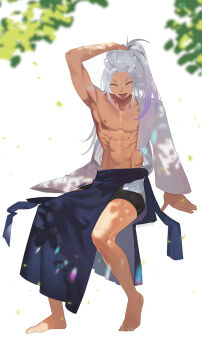 1boy 8083_blue abs arm_support arm_up bare_pectorals barefoot closed_eyes commentary hakama highres hoshina_soichiro invisible_chair japanese_clothes kaijuu_no._8 long_hair long_sleeves male_focus navel nipples pectorals ponytail shredded_muscles sitting solo tongue tongue_out white_background white_hair