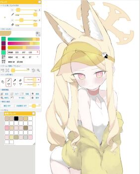 1girl animal_ear_fluff animal_ears blonde_hair blue_archive blush closed_eyes collarbone fox_ears furrowed_brow jacket long_hair long_sleeves looking_at_viewer one-piece_swimsuit pink_eyes seia_(blue_archive) seia_(swimsuit)_(blue_archive) swimsuit toretore02t_r visor_cap white_background white_one-piece_swimsuit