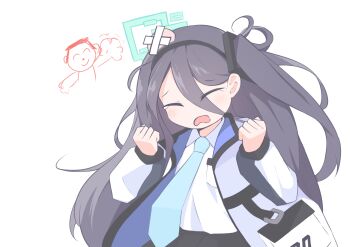 1boy 1girl absurdres aqua_halo aris_(blue_archive) black_hair black_hairband black_skirt blue_archive blue_jacket blush clenched_hands closed_eyes collared_shirt commentary crossed_bandaids doodle_sensei_(blue_archive) eyes_visible_through_hair hair_between_eyes hairband halo hands_up head_bump highres jacket kmini15 long_bangs long_hair long_hair_between_eyes long_sleeves multicolored_jacket one_side_up open_clothes open_jacket open_mouth puffy_long_sleeves puffy_sleeves rectangular_halo sensei_(blue_archive) shirt simple_background single_sidelock skirt solo_focus tears teeth two-sided_fabric two-sided_jacket upper_body upper_teeth_only very_long_hair white_background white_jacket white_shirt
