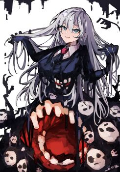 Rule 34 | 1girl, angelica (project moon), black gloves, black jacket, black necktie, blue eyes, closed mouth, extra mouth, full body, fusion, gem, gloves, highres, jacket, library of ruina, long hair, long sleeves, looking at viewer, monster, mountain of smiling bodies, multiple faces, nakame77, necktie, project moon, red gemstone, shirt, simple background, solo, standing, white background, white hair, white shirt