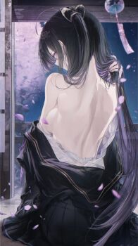 1girl absurdres back black_hair black_jacket black_skirt blush breasts cherry_blossoms chitose_(stella_sora) convenient_censoring falling_petals highres jacket large_breasts long_hair looking_at_viewer looking_back multicolored_hair open_clothes open_shirt petals pleated_skirt purple_hair renoahh shirt sitting skirt solo stella_sora twintails undressing white_shirt wind_chime