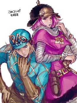 1boy 1girl 756zl bandaged_arm bandages black_hat blonde_hair blue_hat brown_gloves diego_brando dress eyelashes fur_hat gloves hat highres holster hot_pants_(sbr) jojo_no_kimyou_na_bouken parted_lips pink_dress pink_hair purple_lips simple_background steel_ball_run translation_request white_background