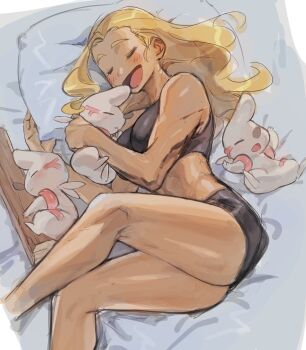 1girl 2019 bare_legs black_bra black_panties blonde_hair blush bra breasts clenched_hands commentary cuddling curly_hair feet_out_of_frame gen_5_pokemon highres home_(houmei) indoors large_breasts long_hair midriff muscular muscular_female nintendo on_bed open_mouth panties pokemon pokemon_(creature) pokemon_sword_and_shield simple_background sleeping tan timburr toned toned_female underwear white_background worker_(pokemon)