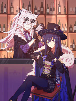 2girls ;d absurdres animal_ears arknights ascot bar_(place) between_fingers black_ascot black_cape black_gloves black_hair black_hat black_pantyhose blue_cape bottle cape cigarette collared_shirt commentary crossed_legs diagonal-striped_clothes diagonal-striped_necktie drink eyewear_on_head fur-trimmed_cape fur_trim gloves grey_eyes grey_necktie grin hair_between_eyes hat highres holding holding_cigarette lappland_(arknights) lappland_the_decadenza_(arknights) lappland_the_decadenza_(unruly_humbleness)_(arknights) long_hair looking_at_viewer multicolored_eyes multiple_girls necktie official_alternate_costume one_eye_closed oninizeroo open_mouth orange_eyes pantyhose purple_eyes purple_shirt scar scar_across_eye scar_on_face shelf shirt sitting smile striped_clothes striped_shirt sunglasses symbol-only_commentary texas_(arknights) texas_the_omertosa_(arknights) texas_the_omertosa_(il_segreto_della_notte)_(arknights) two-sided_cape two-sided_fabric two-tone_eyes vertical-striped_clothes vertical-striped_shirt white_hair wolf_ears wolf_girl