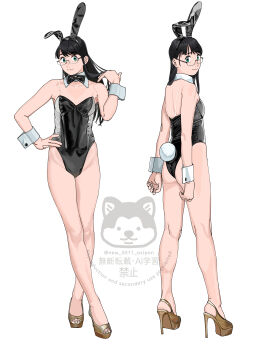 1girl absurdres alternate_costume animal_ear_hairband animal_ears ass bare_legs black_hair black_leotard bow bowtie detached_collar fake_animal_ears full_body glasses gold_shoes green_eyes hairband high_heels highres kantai_collection leotard long_hair multiple_views ojipon ooyodo_(kancolle) playboy_bunny rabbit_ears rabbit_tail see-through_strap shoes smile strapless strapless_leotard tail wrist_cuffs