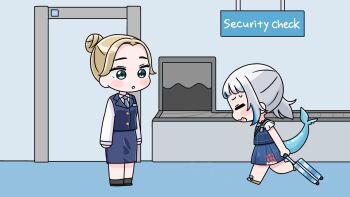 2girls :o airport black_shoes black_socks blue_dress blue_eyes blue_hair blue_necktie blue_skirt blue_vest blush_stickers brown_hair closed_eyes dress english_text fins fish_tail gawr_gura gawr_gura_(casual) grey_hair hair_bun highres hololive hololive_english indoors long_hair long_sleeves mochimiko multicolored_hair multiple_girls necktie open_mouth parted_lips profile rolling_suitcase running security_checkpoint shark_tail shirt shoes side_ponytail sign skirt sleeveless sleeveless_dress socks standing streaked_hair suitcase tail vest virtual_youtuber wavy_mouth white_shirt