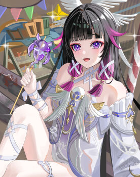 1girl absurdres bare_legs bare_shoulders black_hair candy columbina_(genshin_impact) commentary_request dress food genshin_impact hair_ornament head_wings highres holding holding_candy holding_food long_hair multicolored_hair multiple_wings penngazuki purple_eyes purple_hair purple_streaks revision ribbon sitting smile solo streaked_hair two-tone_hair very_long_hair white_dress white_wings wing_hair_ornament wings