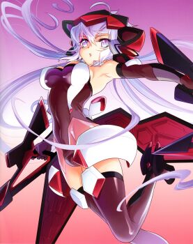 Rule 34 | 10s, 1girl, absurdres, armpits, bare shoulders, bodysuit, breasts, covered navel, dual wielding, elbow gloves, female focus, gloves, gradient background, headgear, highres, holding, large breasts, leg up, light purple hair, long hair, official art, purple eyes, scan, senki zesshou symphogear, silver hair, solo, thighhighs, weapon, weiss schwarz, yoshii dan, yukine chris