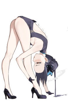 1girl ass bare_legs bent_over black_dress black_hair black_shoes blue_archive breasts butterfly_hair_ornament china_dress chinese_clothes dragon_print dress exercising hair_bun hair_ornament halo high_heels highres kisaki_(blue_archive) long_hair pelvic_curtain print_dress red_eyes sawaki_ken shoes simple_background sleeveless sleeveless_dress small_breasts solo standing thighs trembling twintails white_background