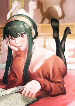 1girl armpit_crease bare_shoulders black_hair black_pantyhose book breasts cleavage eyelashes feet feet_up full_body hairband hand_up head_rest highres hutarikiri2025 indoors long_sleeves looking_at_viewer lying medium_breasts no_shoes off_shoulder on_bed on_stomach pantyhose red_eyes red_shirt shirt short_hair_with_long_locks smile soles solo spy_x_family the_pose toes white_hairband yor_briar