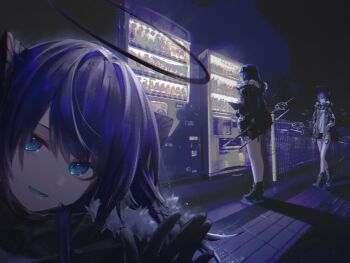1girl arknights black_gloves blue_eyes blue_hair can coca-cola gloves halo highres horns lance long_hair looking_at_viewer mostima_(arknights) night phase_inversion polearm shoes shorts solo straight_hair vending_machine weapon
