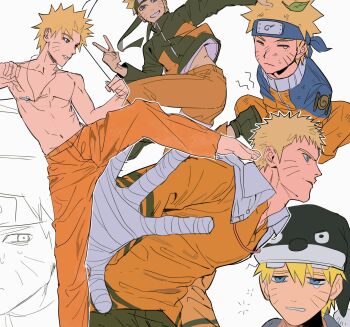 Rule 34 | 1boy, bandaged hand, bandages, black hat, black jacket, black shoes, blonde hair, blue eyes, blue headband, closed eyes, collared shirt, commentary request, dirty, dirty face, facial mark, grin, hair between eyes, hat, headband, highres, indian style, jacket, jewelry, kicking, korean commentary, leaf, leaf on head, male focus, midriff peek, multiple views, naruto (series), naruto shippuuden, necklace, nnnhhhhh19, orange pants, orange shirt, pants, parted lips, shirt, shoes, short hair, sitting, smile, solo, spiked hair, squeans, topless male, uzumaki naruto, v, whisker markings, white background, white shirt