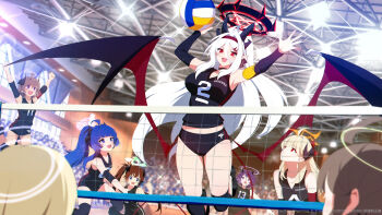 6+girls absurdres ahoge armpits arms_up ball black_buruma black_choker black_shirt blonde_hair blue_archive blue_eyes blue_hair blurry brown_hair buruma choker commentary_request demon_girl demon_horns demon_tail demon_wings depth_of_field hair_between_eyes halo headband highres horns jersey jumping knee_pads long_hair looking_at_another looking_at_viewer multicolored_halo multiple_girls original ponytail purple_eyes purple_hair red_eyes red_halo school_gym shirt short_hair side_ponytail sidelocks sleeveless sleeveless_shirt solo_focus sportswear sun_(treeplanting) tail treeplanting two-tone_halo volleyball_(sport) volleyball_(object) volleyball_net volleyball_uniform white_hair wings