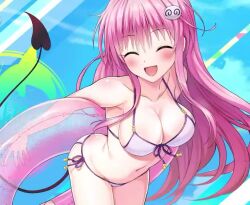 1girl :d ahoge animated ass bikini bouncing_breasts breasts butt_crack cleavage collarbone demon_tail dolphin_wave green_eyes holding holding_swim_ring innertube lala_satalin_deviluke large_breasts long_hair looking_at_viewer navel non-web_source off_shoulder official_art ootomo_takuji open_mouth peke_(to_love-ru) pink_hair purple_bikini side-tie_bikini_bottom smile sound sprite stomach swim_ring swimsuit tagme tail thick_thighs thighs to_love-ru to_love-ru_darkness video wide_hips
