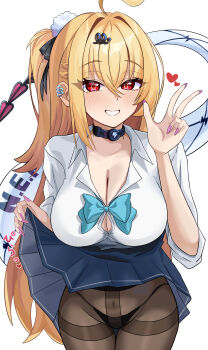1girl absurdres ahoge alternate_costume blonde_hair breasts cissia_(zenless_zone_zero) cleavage clothes_lift commentary gyaru hair_between_eyes hair_ornament highres kogal large_breasts lifting_own_clothes long_hair looking_at_viewer open_mouth ouichi panties panties_under_pantyhose pantyhose pink_nails red_eyes school_uniform simple_background skirt skirt_lift snake snake_tail solo tail thighband_pantyhose thiren underwear w white_background white_snake zenless_zone_zero