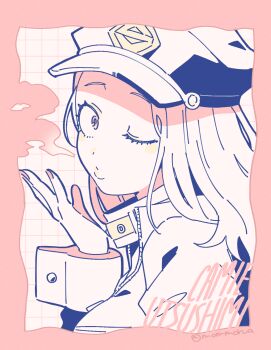1girl artist_name blowing_smoke bodysuit boku_no_hero_academia border breasts character_name commentary hat highres large_breasts light_blush lips long_hair mommorua monochrome one_eye_closed partially_unzipped peaked_cap pink_border pink_theme solo utsushimi_kemii white_background wrist_cuffs